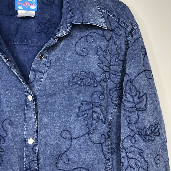 Cre8ions Vintage Denim Chambray Embroider Button Down Top Large Fall Autumn - Picture 6 of 11